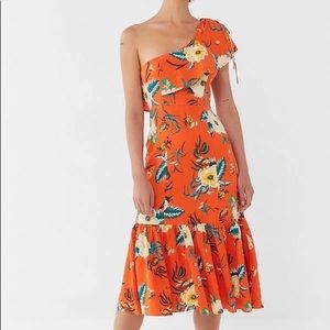 UO Carmen Linen One-Shoulder Ruffle Midi Dress